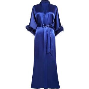 Blue Satin Robe w| Feather Trim